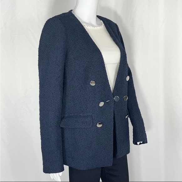 CalvinKlein Navy Long Sleeves Tweed-Like Buttons Blazer Jacket Sz12 Flap Pockets - Picture 9 of 16